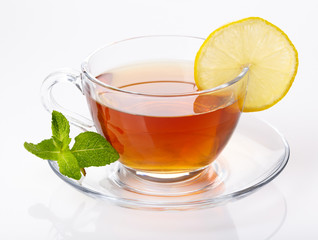 Cup of tea with lemon and mint