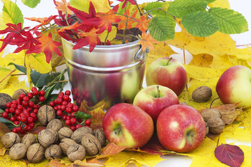 beautiful arrangement of autumn leaves and red apples and walnut