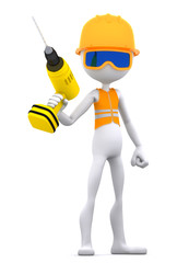 Construction Worker on duty with electric drill. Isolated