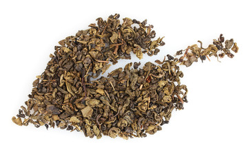 green dry tea leaf shape isolated on white