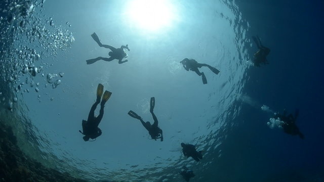 Silhouette of a group of scuba divers