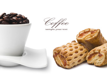 cup of coffee on saucer with biscuits isolated white background