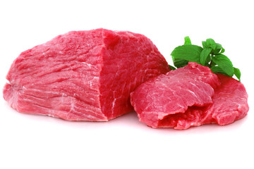 Cut of  beef steak with green leaf. Isolated.