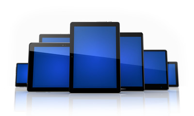 Digital tablets  with blue touchscreens on white