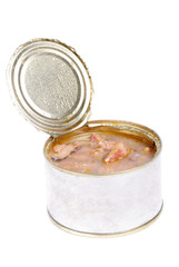 Open full can of sardines in olive oil on a white