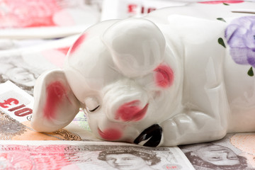 Sleeping Piggy Bank On A Bed Of Money