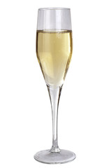 Studio photography of a champagne glass half filled, isolated