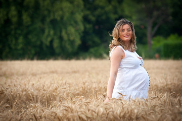 Fototapeta na wymiar Happy pregnant woman portrait in a wheat field.