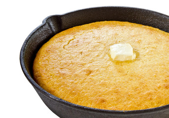 Close up of cornbread in iron skillet