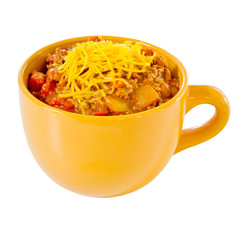 Cup of chili with cheese isolated on white
