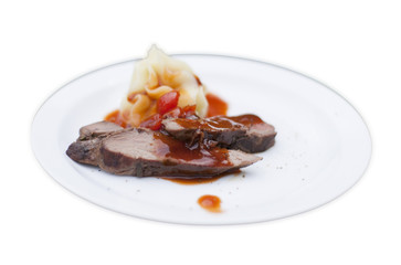 Deer sirloin, served with mashed potatoes with roasted garlic an