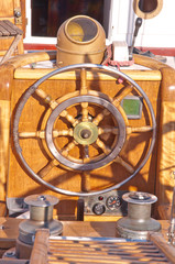 old wooden rudder in a sailboat details
