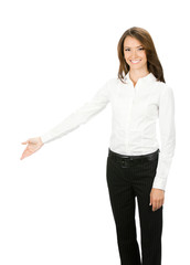 Business woman showing something, isolated
