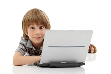 boy little learning with notebook isolated on white