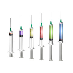 Set of six syringes full of different liquids