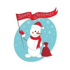 Funny snowman with a bag of gifts