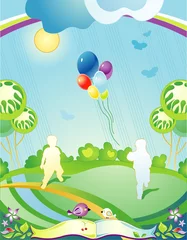 Poster Landschap met silhouetten van kinderen en vertrekkende ballonnen © Natasha_S