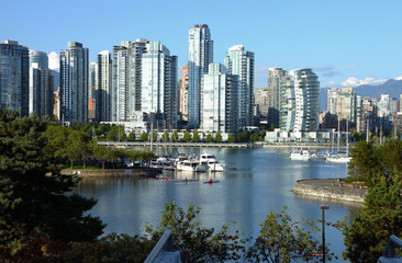 Vancouver BC south waterfront skyline & sailboats.