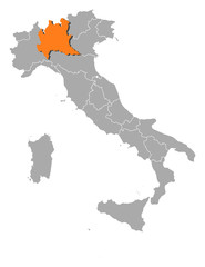 Map of Italy, Lombardy highlighted