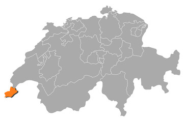 Fototapeta na wymiar Map of Swizerland, Geneva highlighted