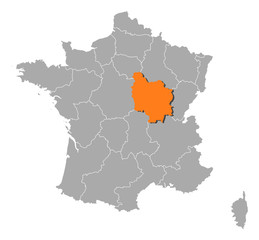 Fototapeta na wymiar Mapa Francji, Burgundia podświetlone
