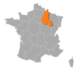Map of France, Champagne-Ardenne highlighted
