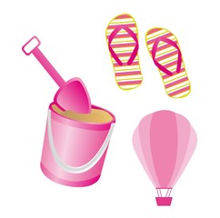 Pink flip flops, shovel and hot air balloon vector