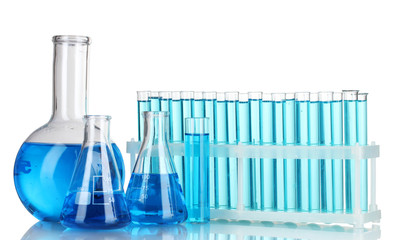 Test-tubes with blue liquid isolated on white
