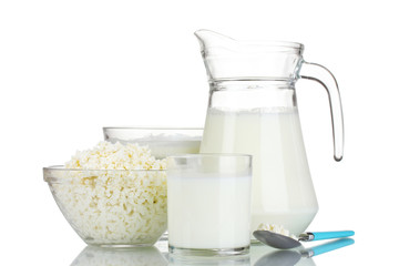 Sour cream, cottage cheese and milk isolated on white