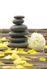 Zen stones and yellow ranunculus flower with petals on mat