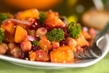 Pumpkin, beetroot, broccoli and chickpea salad