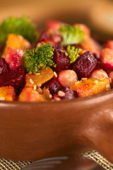 Pumpkin, beetroot, broccoli and chickpea salad
