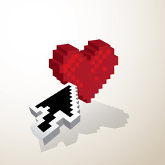 3D Pixel red heart wirh mouse pointer - illustration