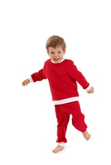 Laughing little boy in santa costume