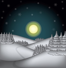 winter countryside illustration in a night