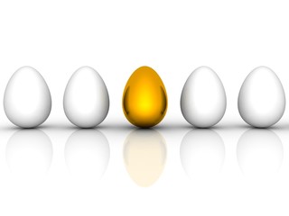 golden easter egg among similar white eggs