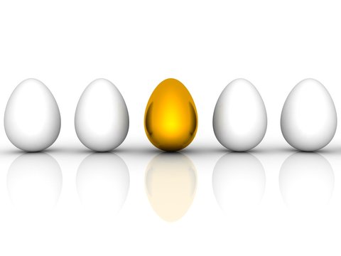 golden easter egg among similar white eggs