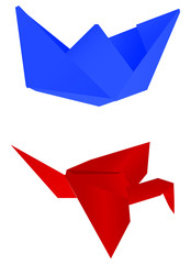 paper blue ship and red crane