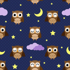 Owls at night with stars, clouds and moon. Seamless pattern.