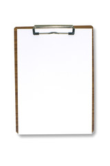 White paper in wood clipboard on white background