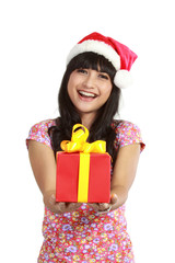 asian woman wearing Santa hat holding a gift