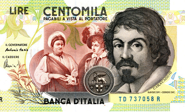 Banconota lire centomila, in primo piano immagine di Caravaggio
