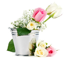 Beautiful Roses in metallic bucket isolated on white © Oleksiy Ilyashenko