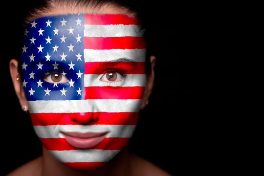 Portrait of a woman with the flag of the USA