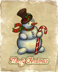 Christmas greeting card with illustration of snowman
