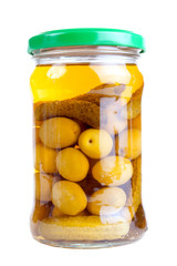 Jar of preserved olives and small pickles