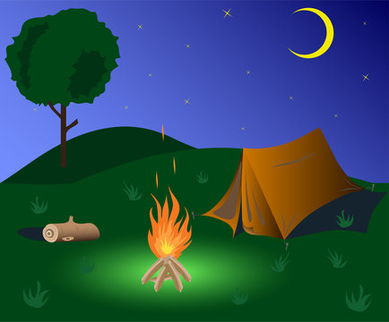 Tent and camp fire in the night, holiday concept