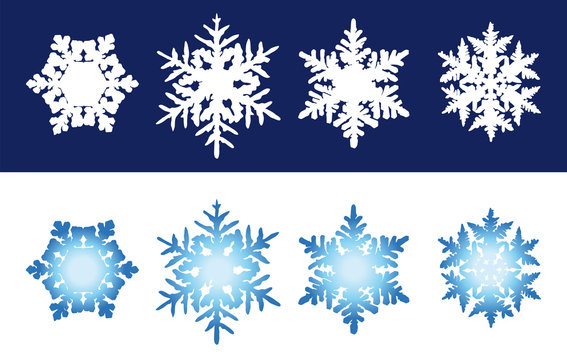 Snowflakes. Six individual snowflakes with unique hexagonal structures. Blue snowflakes on white background and white flakes on blue background. Illustration. Vector.