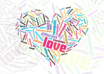 Love related words concept in tag cloud of heart shape