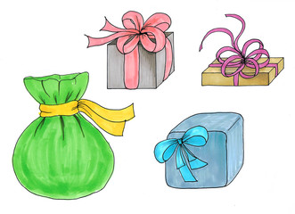 Sketch, set of boxes with gifts